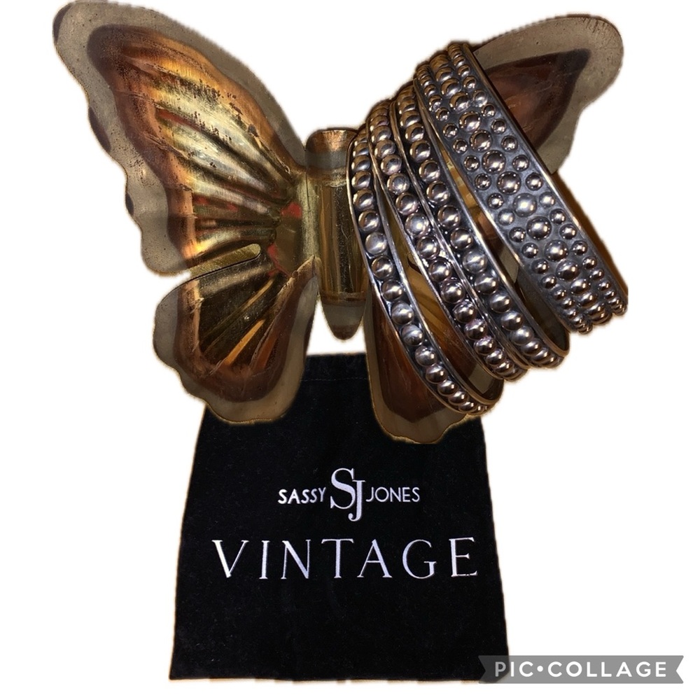 Sassy Jones Vintage Antique Silver Dot Studded Half Bead 4-Stack Bangle Set